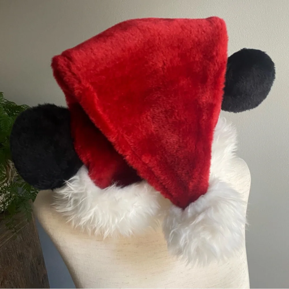 Vtg Disney Parks Mickey Mouse Ears Santa Hat Plush‎ Adult Sz Red White Exclusive